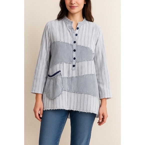 BODIL striped patchwork pocket tunic top blouse lagenlook linen blue XL art work - Picture 3 of 9